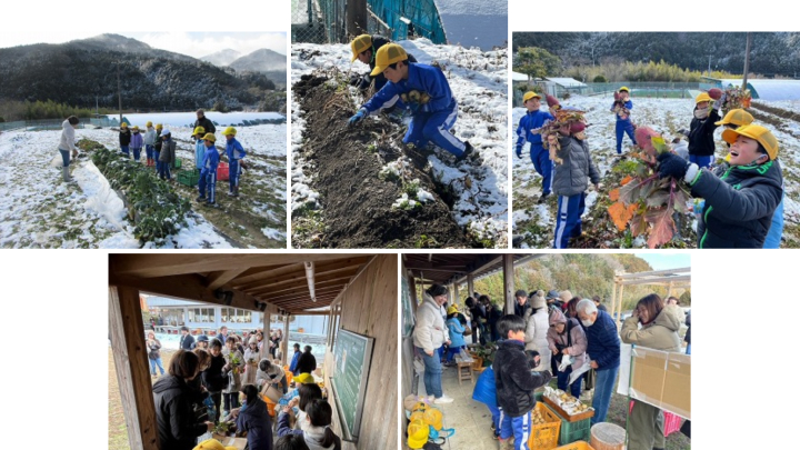 食農NPOと、地域の農家ororonoの松本さんの協力のもと野菜を育て、食堂「かま屋」へ卸して代金を受け取るまでを体験