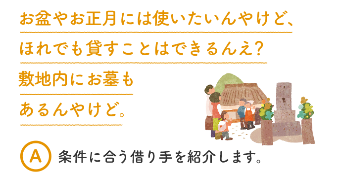 お盆やお正月には使いたいんやけど、ほれでも貸すことはできるんえ？敷地内にお墓もあるんやけど。 A 条件に合う借り手を紹介します。